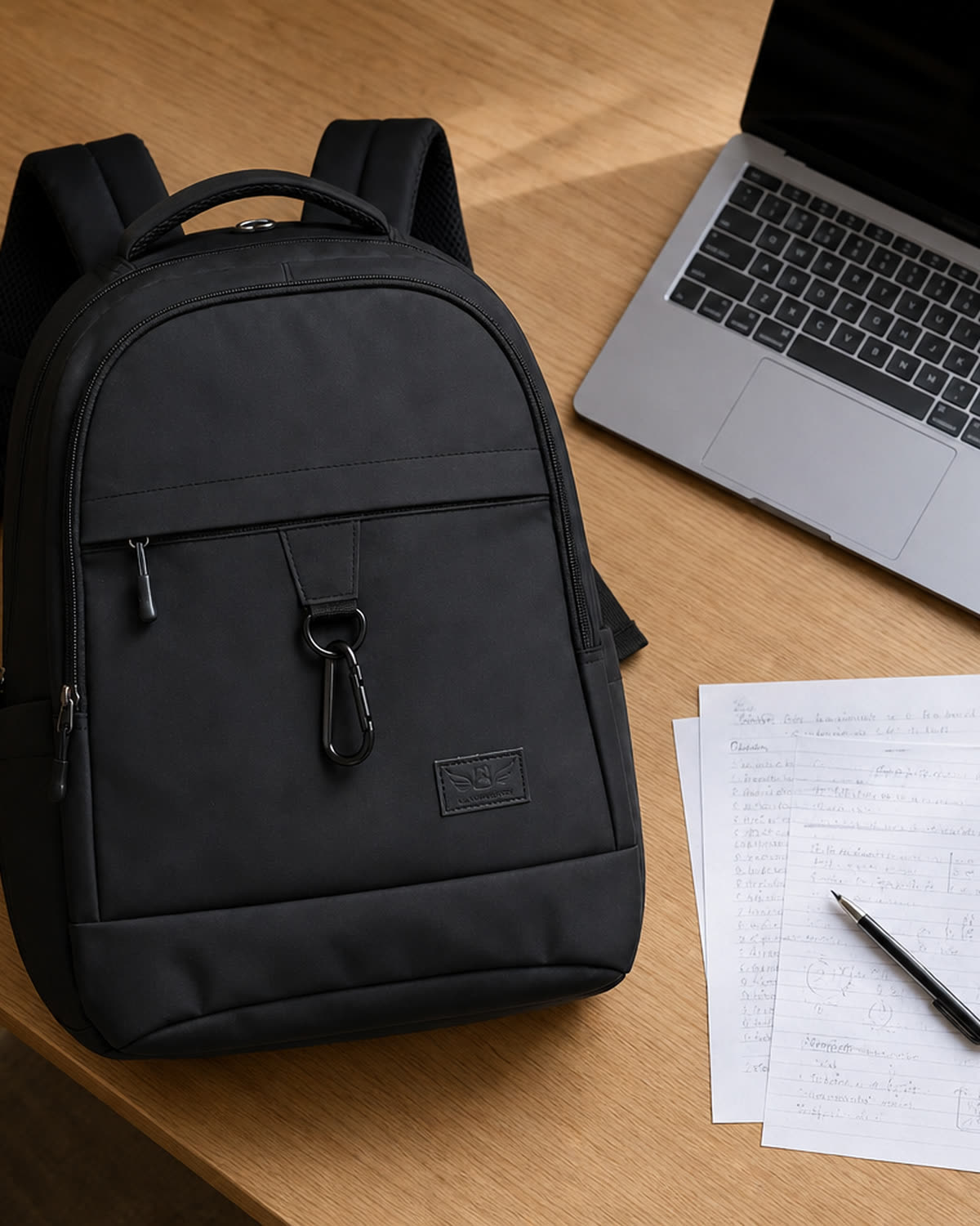 GA Backpack on a desk beside a laptop, notes and coffee