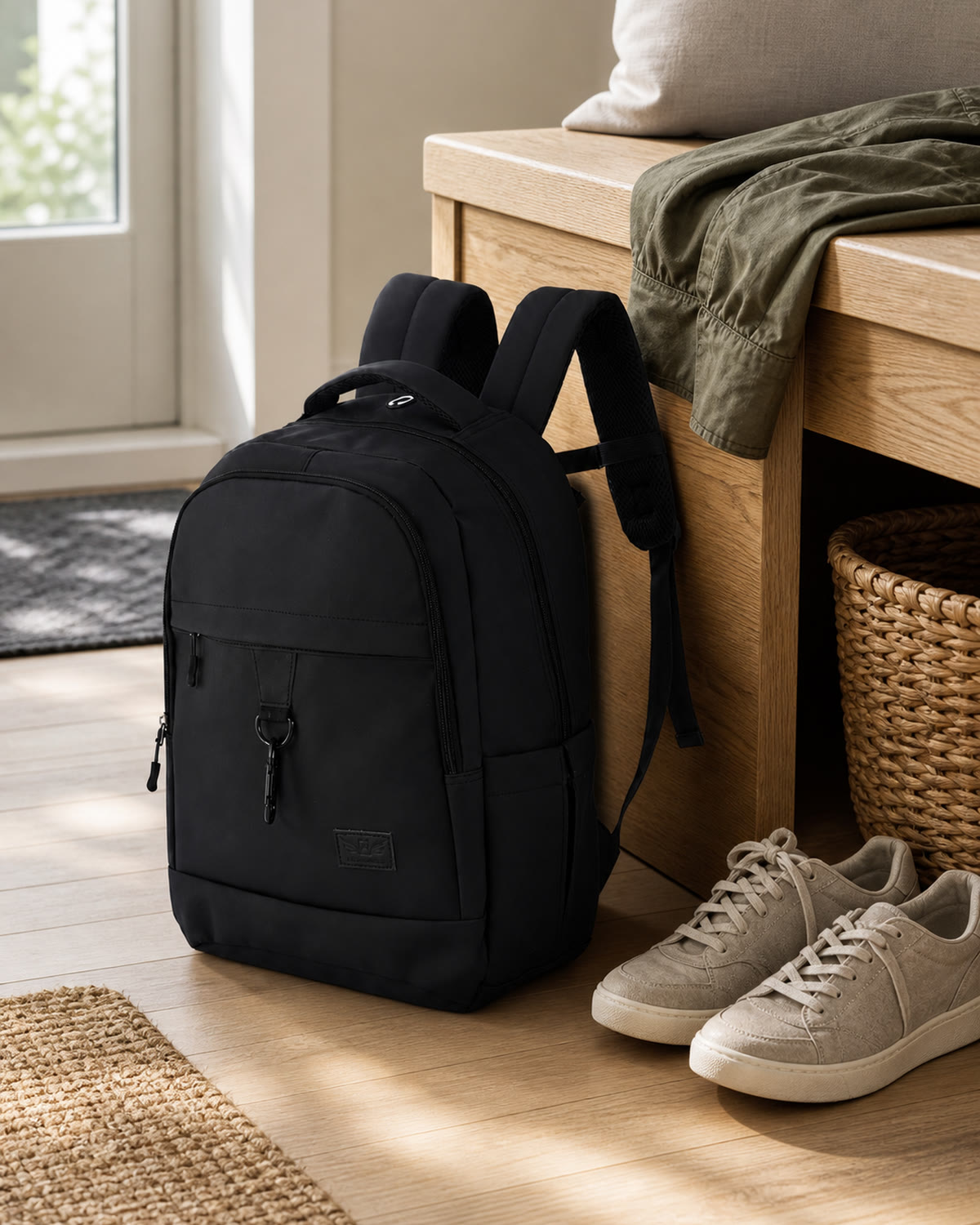 GA Backpack resting by a home entryway bench