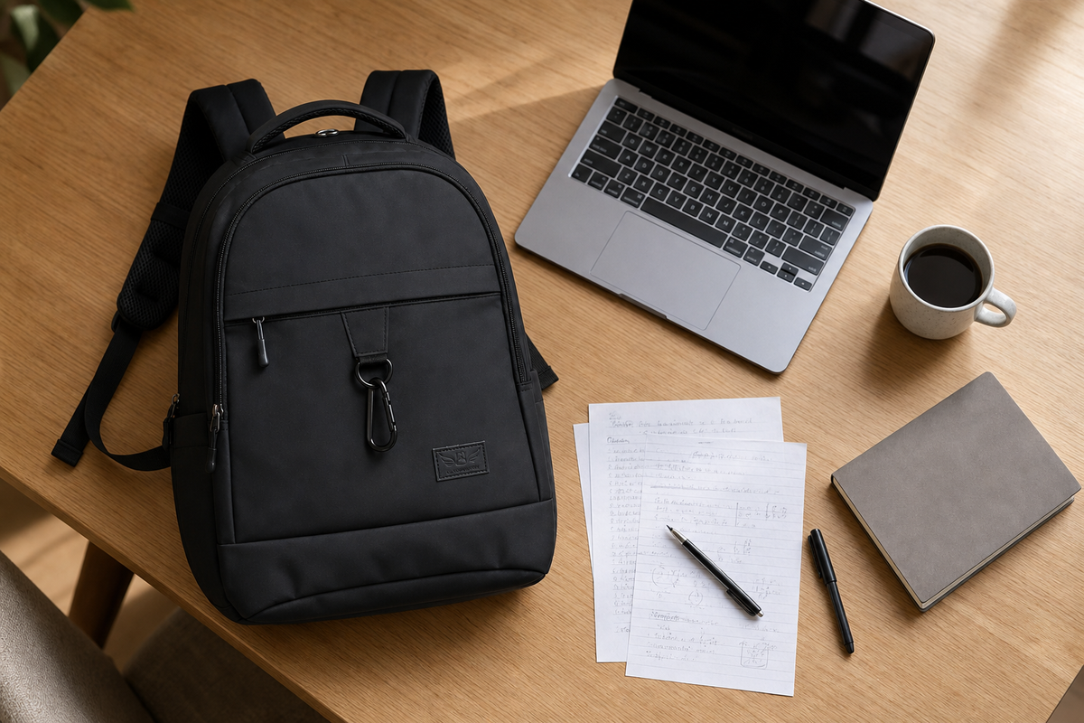 Black GA Backpack on a work-and-study desk beside a laptop, notebook, pen and coffee