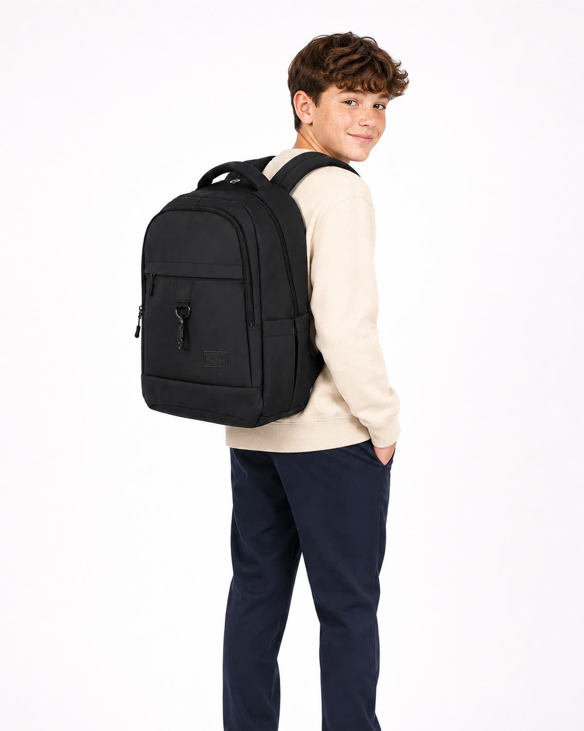 A student wearing the GA Backpack