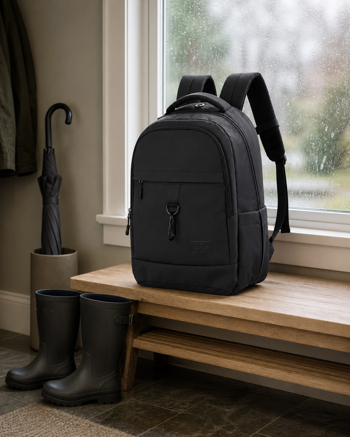 The GA Backpack on a mudroom bench beside rain boots