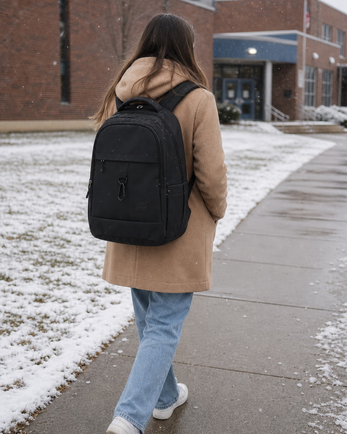 The GA Backpack worn on a snowy walk to school