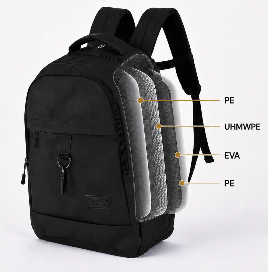 Original Sandwich Design: PE, UHMWPE, EVA and PE layers built into the bag structure