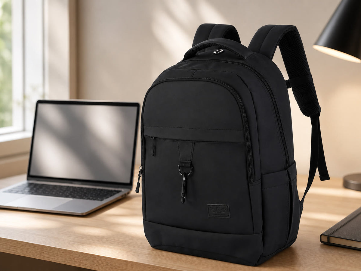 The GA Backpack on a desk beside a laptop in daylight
