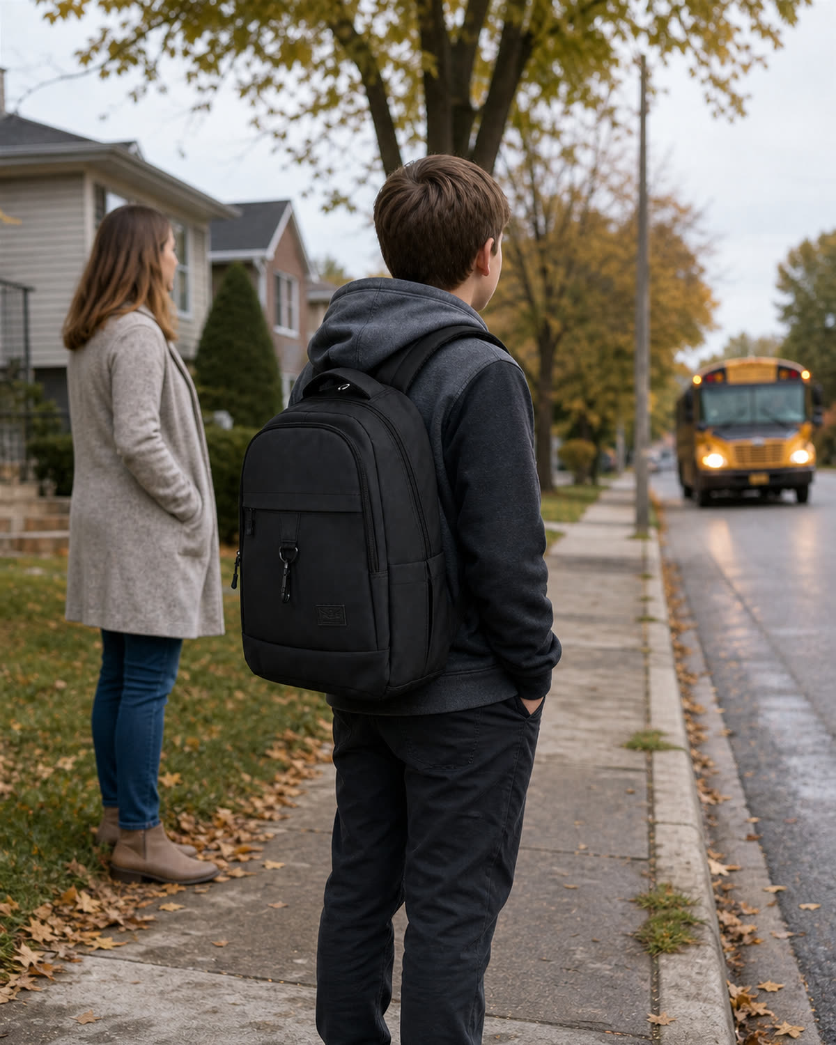 A student wearing the GA Backpack waiting at the kerb as the school bus arrives