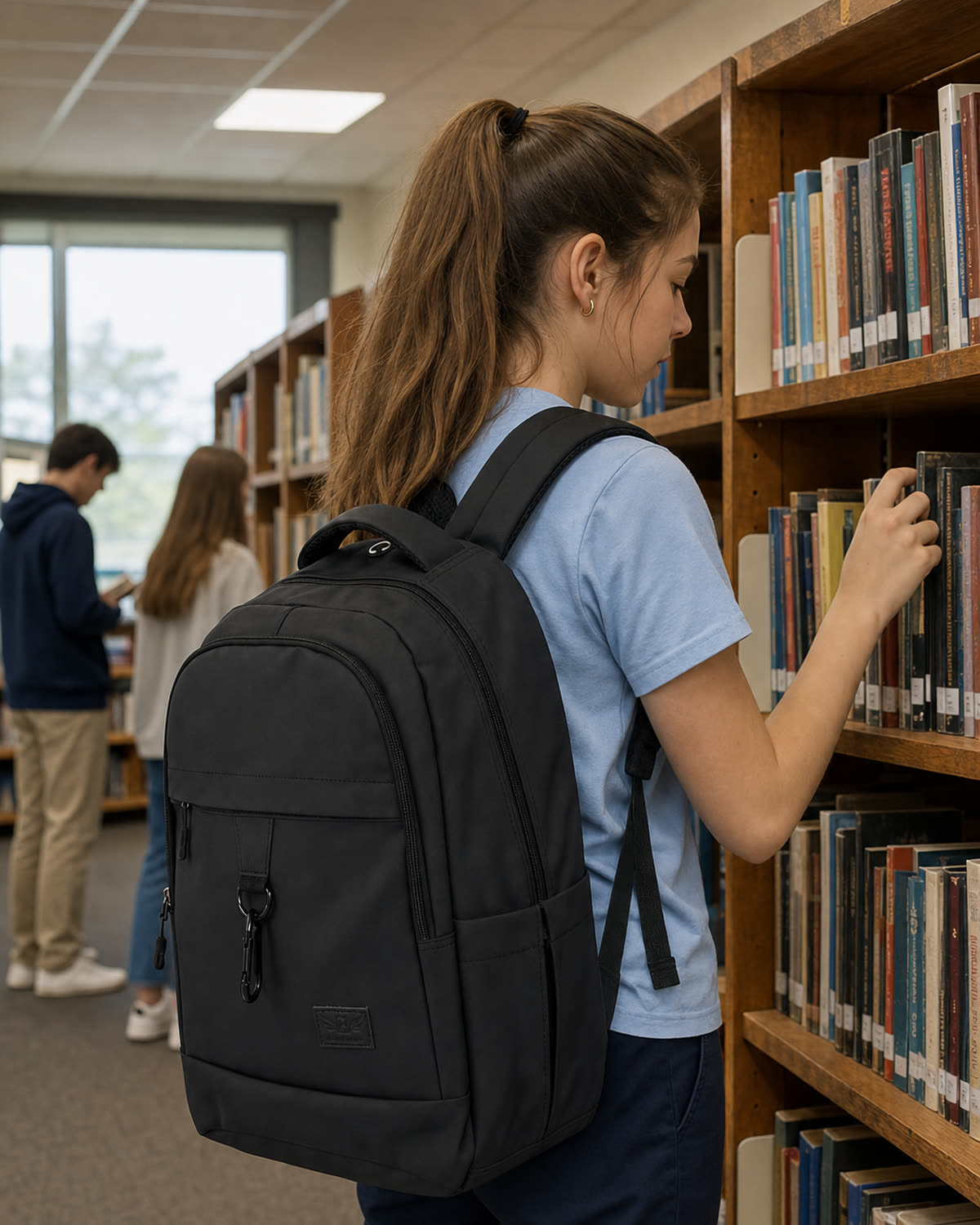 A student wearing the GA Backpack browsing shelves in a library